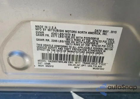 2015 Mitsubishi Outlander Sport Es from USA, damaged, VIN 4A4AP3AU3FE038457